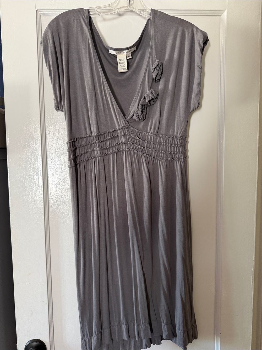 Max Studio Gray V-Neck Smocked Midi Dress